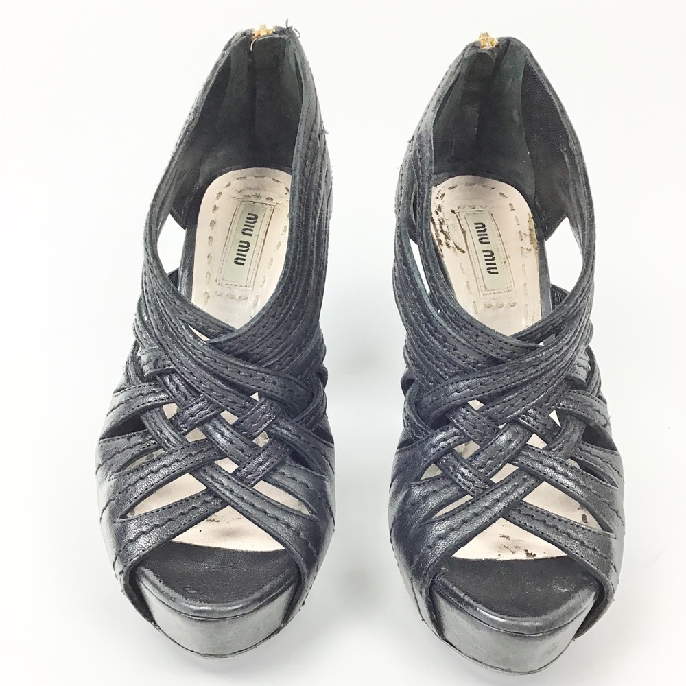 Miu Miu Lattice Vamp Booties Black Leather.
